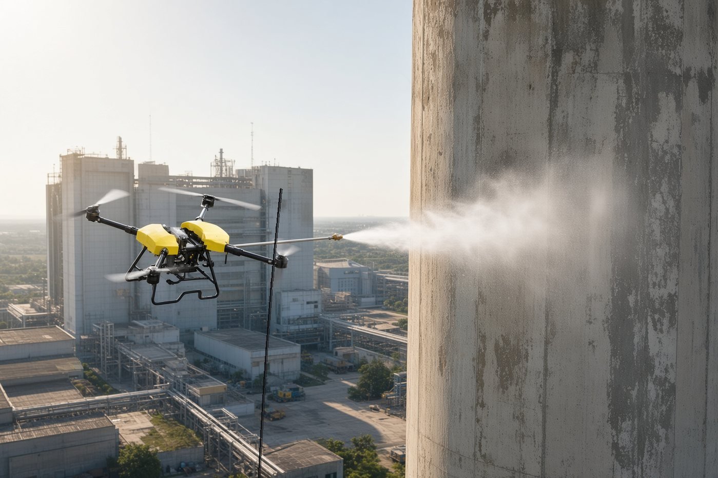 Tethered high-pressure cleaning drone spraying a water jet onto an industrial chimney.