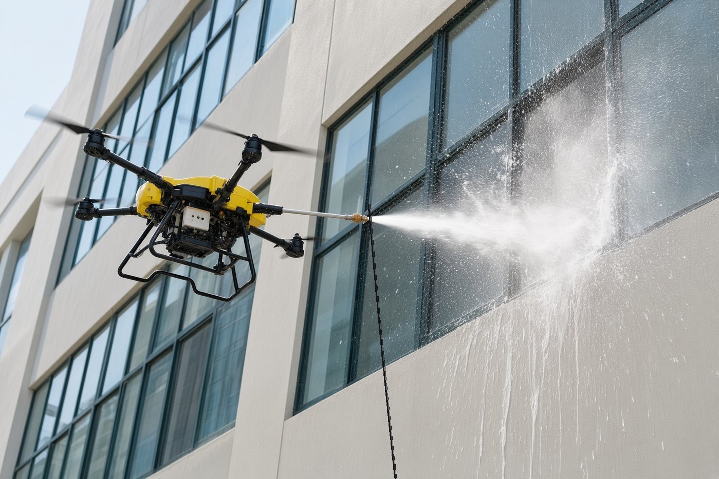 Tethered high-pressure cleaning drone spraying a water jet onto an office building facade.