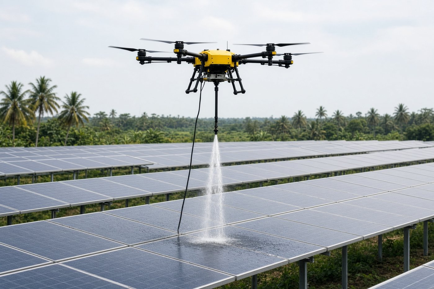 Tethered high-pressure cleaning drone spraying a downward water jet onto a solar panel farm.