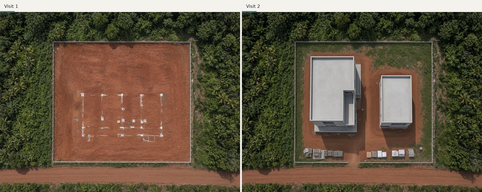The same plot flown twice: visit 1 shows foundations, visit 2 shows buildings up.